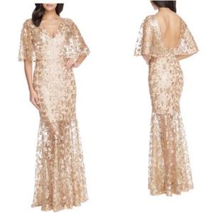 NWOT DRESS the POPULATION Floral Sequin Lace V-Neck Cape Sleeve Gown